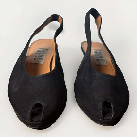 (8)NINE WEST "IDA" Tiny Peep Toe Slingback Black Suede Wedge Heels - Picture 9 of 10